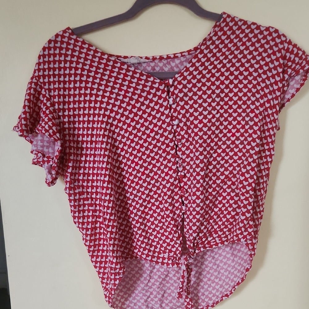 Red and White Flutter Sleeve Blouse with Tie Front